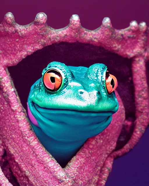 Prompt: natural light, soft focus portrait of a cyberpunk anthropomorphic frog with soft synthetic pink skin, blue bioluminescent plastics, smooth shiny metal, elaborate ornate head piece, piercings, skin textures, by annie leibovitz, paul lehr