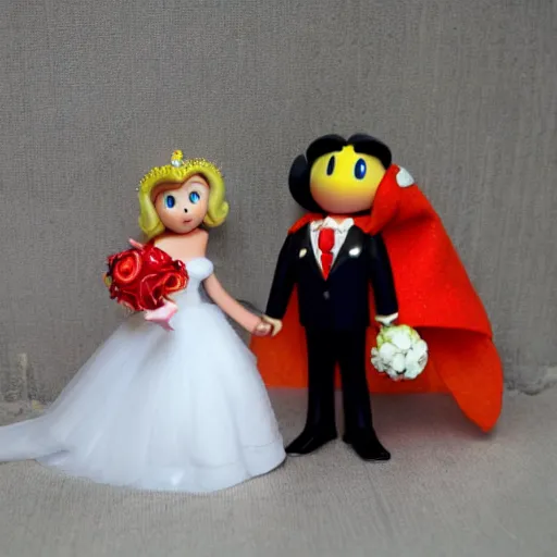 Image similar to super marion and princess peach getting married, highly detailed, wedding photograph