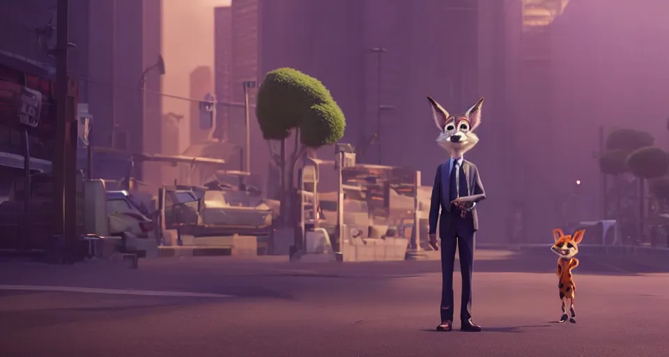 Image similar to a film still from zootopia main character portrait anthro anthropomorphic wolf security guard head animal person fursona wearing suit and tie pixar disney animation sharp rendered in unreal engine 5 anime key art by greg rutkowski bloom dramatic lighting modeling beginner render