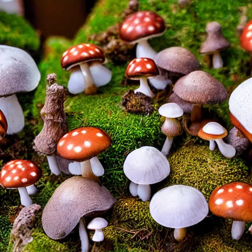 Prompt: close up photograph of small scale mushrooms village, fantasy world