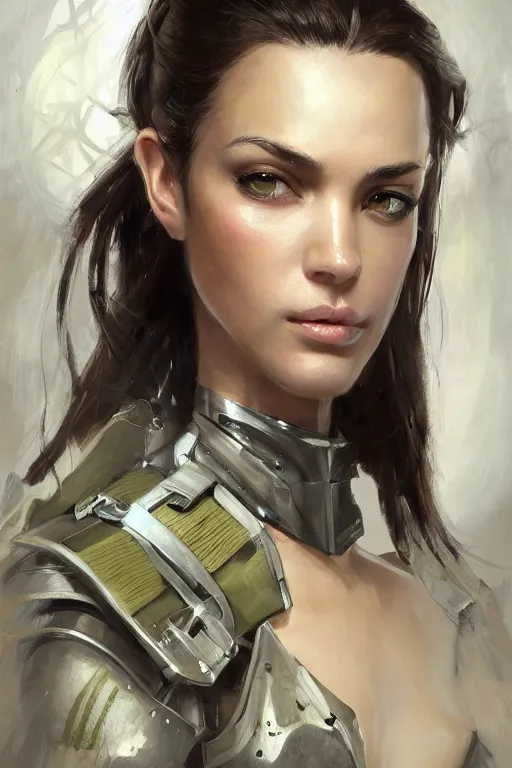 Image similar to a professionally painted portrait of an attractive young woman, clothed in military armor, olive skin, long dark hair, beautiful bone structure, symmetrical facial features, intricate, elegant, digital painting, trending on Artstation, concept art, smooth, sharp focus, illustration, from Metal Gear by Ruan Jia and Mandy Jurgens and Artgerm and William-Adolphe Bouguerea, award winning