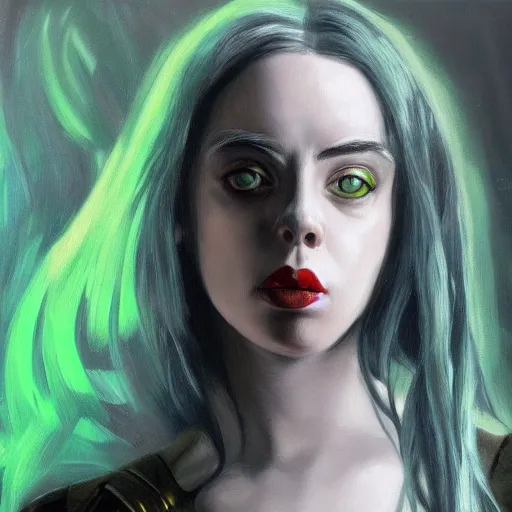 Image similar to Billie Eilish as female loki, oil on canvas, noir, trending on artstation, by Shigeru Miyamoto