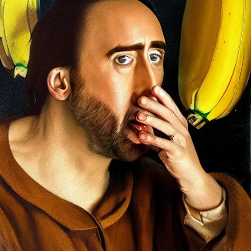 Image similar to highly detailed oil painting of nicolas cage inside of a banana, 4 k, in the style of caravaggio and dali