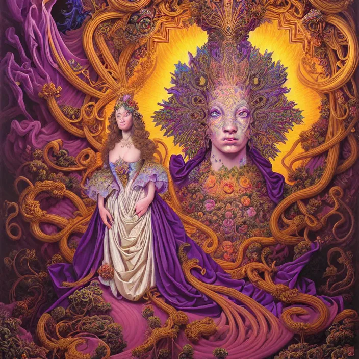 Image similar to beautiful oil painting, full length portrait of dauphinois in baroque coronation robes 1701, Dan Mumford, Dan Mumford, Alex grey, hyacinthe rigaurd, highly detailed , lsd visuals, dmt fractal patterns, hallucinogen, visionary art, psychedelic art, ornate, vaporwave, baroque, Greg rutkowski