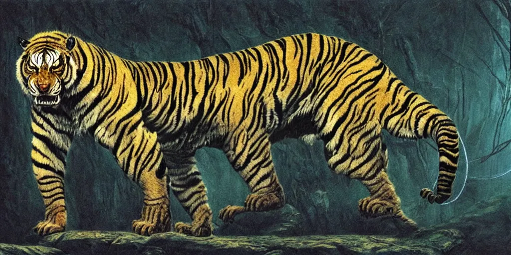 Prompt: cybernetic sabretooth tiger, metallic, made of neon light, volumetric lighting, by caspar david friedrich and wayne barlowe and ted nasmith