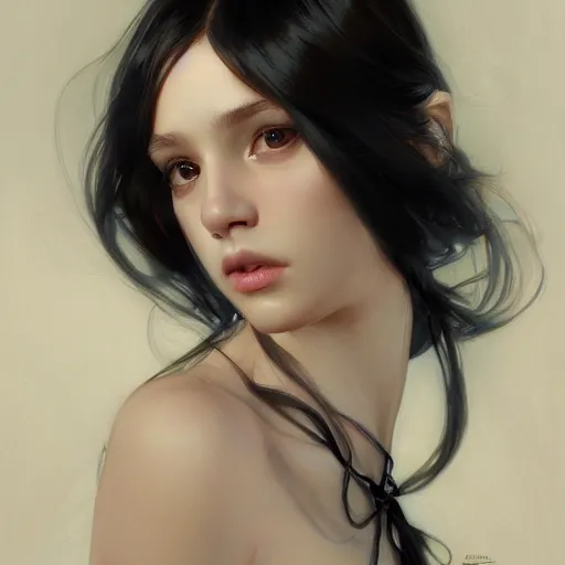 Image similar to portrait of teenage girl with long glossy black hair, glowing skin, delicate features, victoria wallace, fantasy, intricate, elegant, dress shirt and tie, highly detailed, digital painting, artstation, concept art, smooth, sharp focus, illustration, art by Krenz Cushart and Artem Demura and alphonse mucha