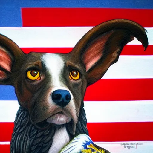 Prompt: a photo of a dog on top of a bald eagle,trident, photorealistic, highly detailed, patriotic, trending on artstation