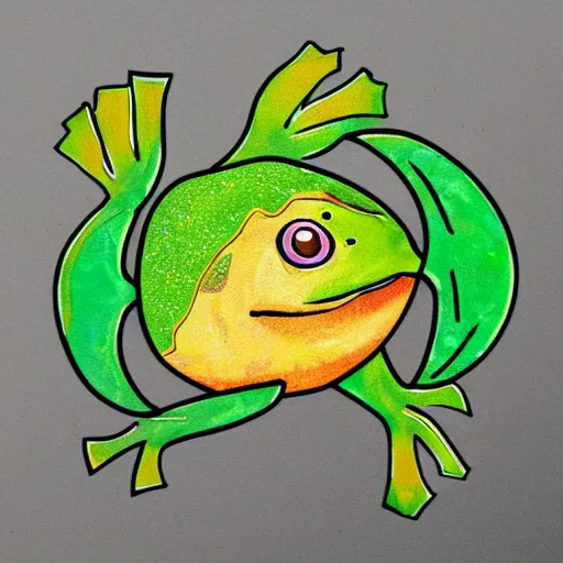 Image similar to a leaf face fish kissing a frog in a pattern in pokemon style