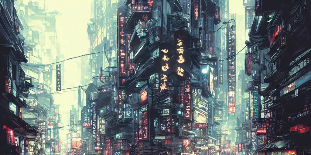 Prompt: cinematic high contrast graphic illustration of a hyper detailed street in neo tokyo by greg rutkowski