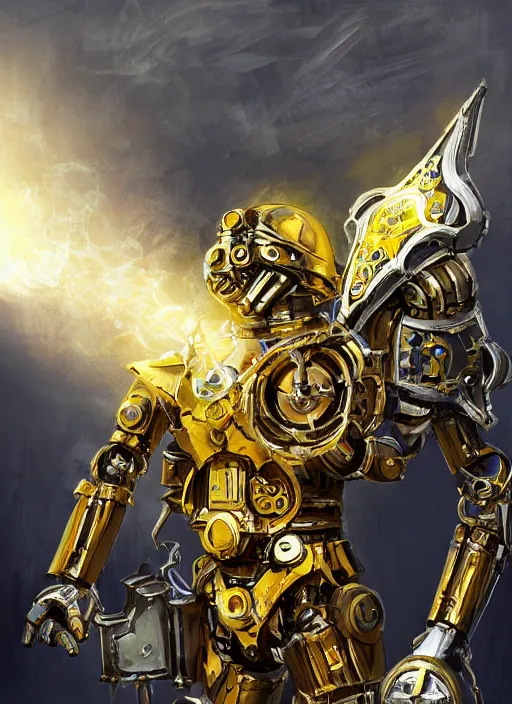 Image similar to full body, dynamic attack position abstract portrait of a intricate glorious holy mechanical warforged character in yellow armor holding a paladin engraved great longsword drawn and carrying a big paladin shield, glowing!!!! eye!!!!!, face in focus, pit droid, epic , trending on ArtStation, masterpiece, cinematic lighting, by Ross Tran and by Greg Rutkowski