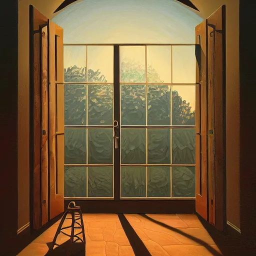 Image similar to a gust of night pushed its way in the door by jeffrey smith, oil on canvas