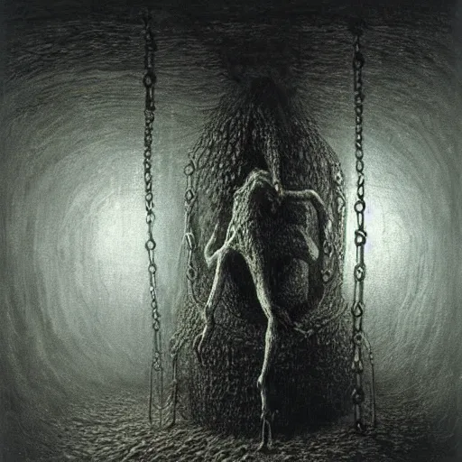 Prompt: a cryptid monster in a touture chamber with chains and spikes art by Beksinski