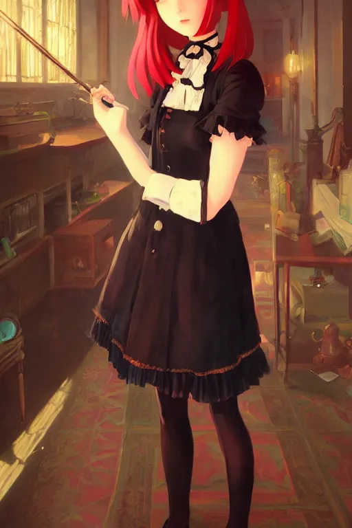 Image similar to a cute young Victorian maid with black bob cut hair, steampunk setting, vivid colors, soft lighting, atmospheric, cinematic, moody, in the style of Ilya Kuvshinov and Range Murata, Krenz Cushart, oil on canvas, 8k