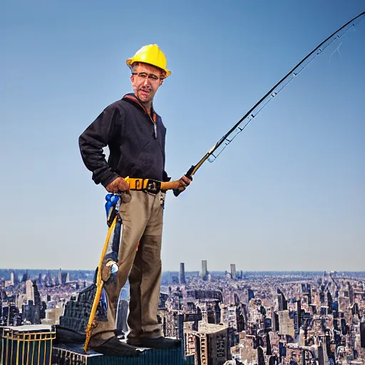 Prompt: closeup portrait of a construction worker with a fishing rod sitting on a metal beam high over new york city, photography, David Lazar