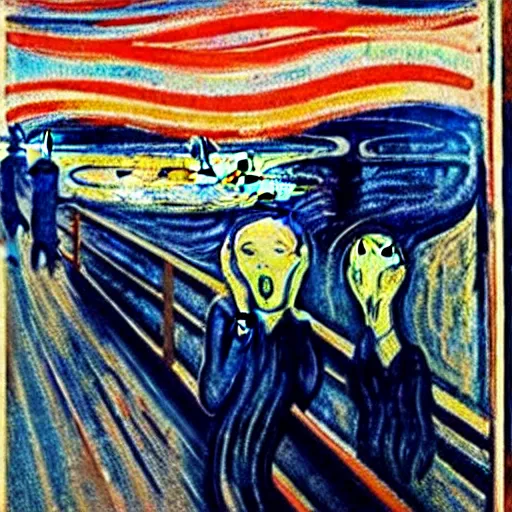 Prompt: painting of edvard munch's the scream with the two witnesses standing in the background, highly accurate, 8 k, highly ornate intricate details,