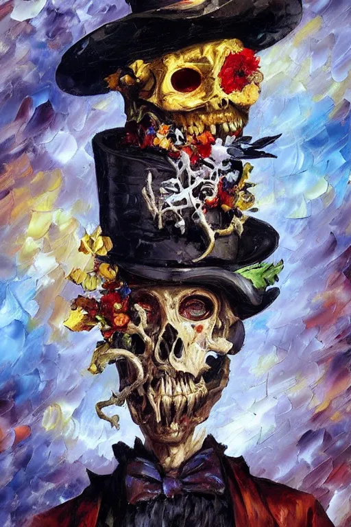 Image similar to palette knife oil painting portrait of a male baroque one - eyed cyborg demon gentleman wearing a tophat decorated with skulls and an arcane halo, floral growth, extreme detail, style by leonid afremov and degas, artstation trending, artgerm, deviant art, octane, substance, art history 8 k