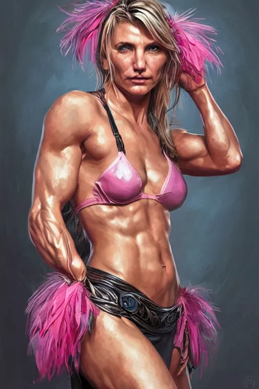 Image similar to muscled Cameron Diaz as a ruggedly handsome hero wearing pink feathers, intricate, elegant, tasteful, highly detailed, centered, digital painting, artstation, concept art, smooth, sharp focus, illustration, art by artgerm and donato giancola and Joseph Christian Leyendecker, WLOP