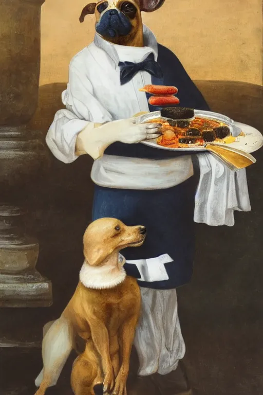 Prompt: a dog - headed waiter holding a plate of food