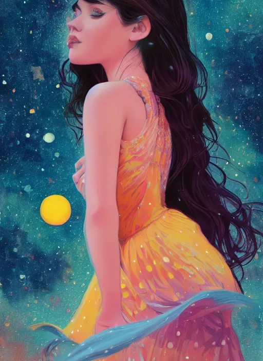 Prompt: full - length portrait of a young woman with dark hair, wearing a flowing sundress, standing in front of a colorful starry galaxy, detailed face, fantasy, cinematic lighting, digital art painting, fine details by realistic shaded lighting poster by ilya kuvshinov katsuhiro otomo, magali villeneuve, artgerm, jeremy lipkin and michael garmash and rob rey