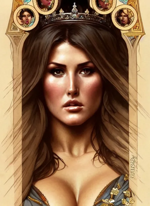 Image similar to lucy pinder as queen, incredibly detailed face, light half opened dress, true anatomy, art by artgerm and greg rutkowski and alphonse mucha