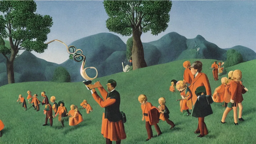 Prompt: A vintage scientific illustration from the 1970s of the Pied Piper luring hundreds of children up a hill while playing his pipe by René Magritte