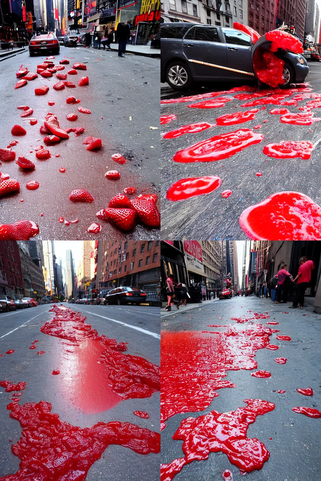 Prompt: a strawberry jam spill flooding the streets of New York