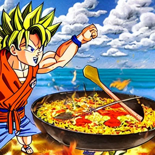 Image similar to son goku cooking a paella on the beach by akira toriyama