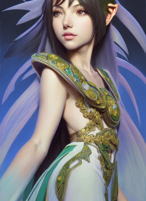 Image similar to portrait from left, head and body only, palutena, piercing eyes, concept art, digital illustration, by rossdraws, frank franzzeta, intricate, masterpiece, elegant, hyper detailed, artstation, unreal engine rendered, concept art, smooth, sharp focus, illustration, art by artgerm and greg rutkowski and alphonse mucha and garis edelweiss