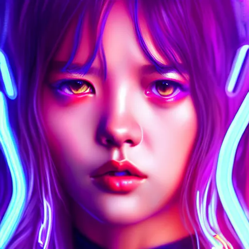 Image similar to beautiful digital painting of lalisa cyberpunk background with high detail, 8 k, stunning detail, neon lights, photo by wlop, artgerm and greg rutkowski and alphonse mucha, unreal engine 5, 4 k uhd