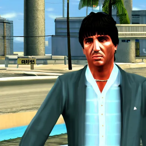 Image similar to screenshot of tony montana as a character in grand theft auto vice city videogame