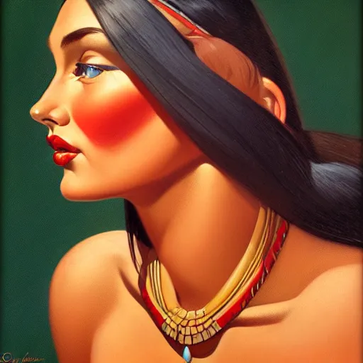 Prompt: portrait of a beautiful pocahontas, expressive pose, symmetrical face, shiny lips, highly detailed, digital painting, smooth, sharp focus, by gil elvgren