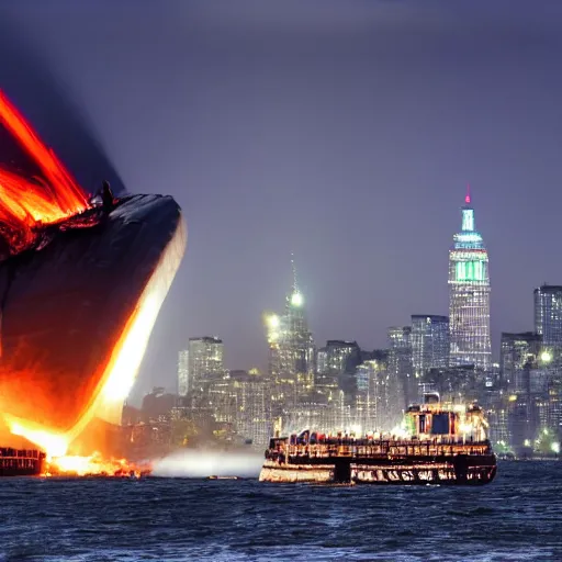 Prompt: disaster photography, giant zeppelin after collision into statue of liberty, full color, explosion, 8k, hd, high resolution