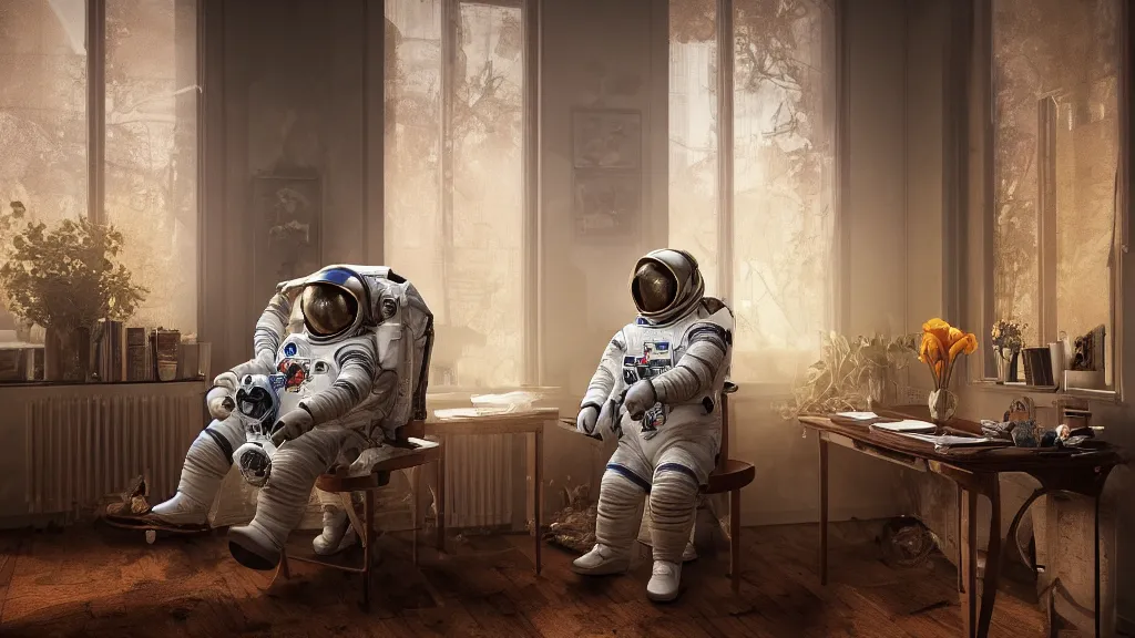 Prompt: a cosmonaut in a spacesuit sits at an old wooden desk with a flower vase, in a richly decorated Victorian house. the autumn light comes in through a window and dimly illuminates the room, diffuse light, octane render