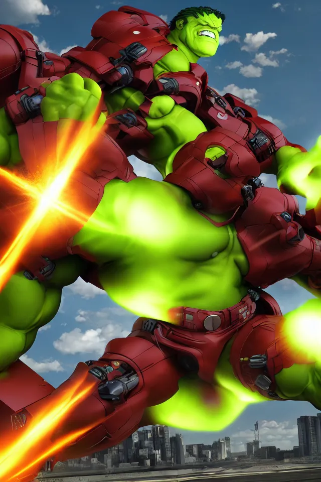 Prompt: The Hulk Buster Battles The X-Men, Action Shot, 8K, octane render, HDR, volumetric lighting, Anime Style