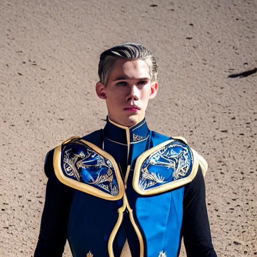 Prompt: low angle upper view of adult Austin Butler dressed in futuristic-baroque prussian blue duelist-garb with Griffin-Ram embroidery emblem, and nanocarbon-vest and greaves, standing in an arena in Dune 2020, XF IQ4, f/1.4, ISO 200, 1/160s, 8K, RAW, unedited, symmetrical balance, face in-frame