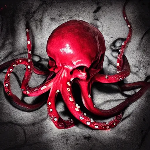 Image similar to bleeding colors skull octopus hybrid, big budget movie scene, horror reality, award winning photograph, cinematic lighting, realistic!, hyperrealism, realistic refine flavor, real photo