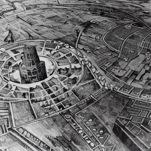 Prompt: A sprawling Mesopotamian city arranged in concentric circles as seen from above, with a giant tower and temple at its center