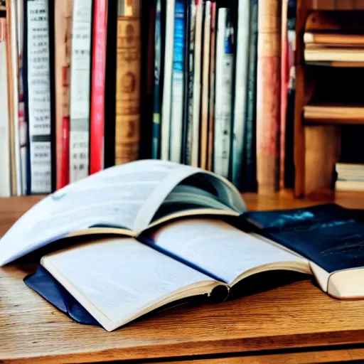 Prompt: A collection of books on a table with an oak bookshelf in the background.