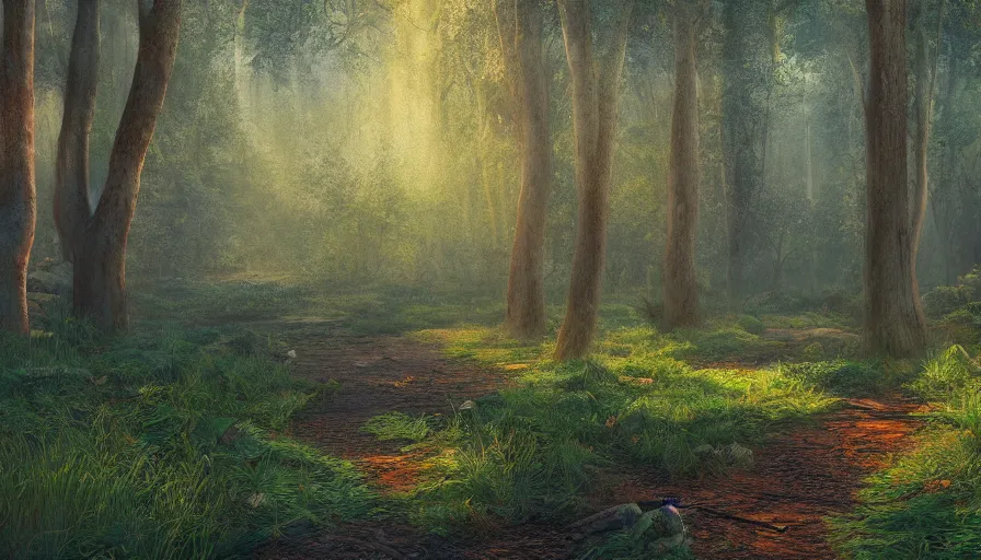 Image similar to a clearing in a forest, digital art, highly detailed, realistic, bright colors, 8 k