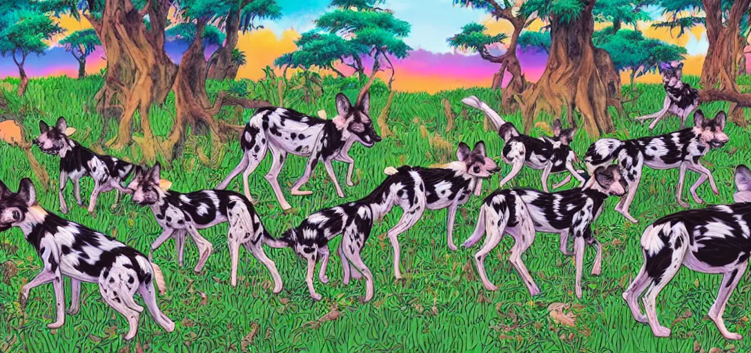 Image similar to pack of african wild dogs near a watering hole, painted by studio ghibli studio matako Lisa Frank with psychedelic colors