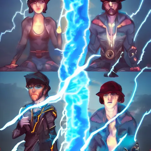 Prompt: 3 personas on their knees with their hands above their heads looking at a sky full of thunder bolts, digital art, artstation