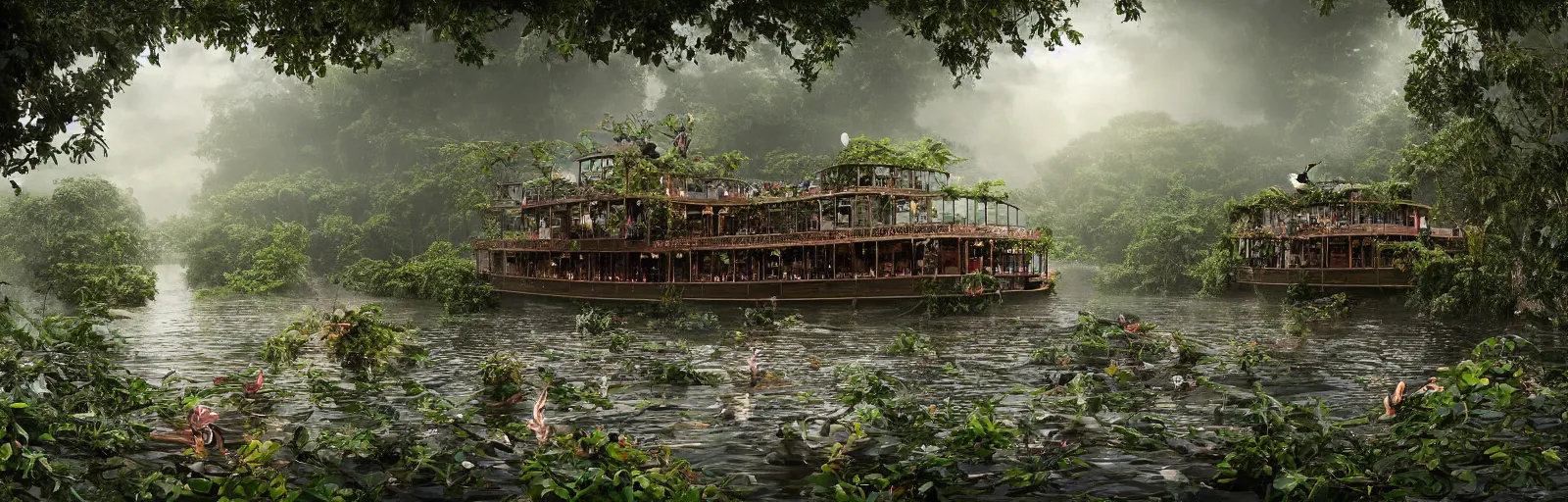 Prompt: A wooden, beautiful 1880's steamboat overgrown with intricate vines, flowers, snakes, anacondas and exotic vegetation floating down on the Amazon river. Faint lights from inside the ship. Steam. Birds circulating. The boat looks like an island. Ecosystem. Photo by Ridley Scott. Photorealistic. Sunset. Volumetric lights. Mist. hyper-maximalistic, with high detail, cinematic, 8k resolution, beautiful detail, insanely complex details.