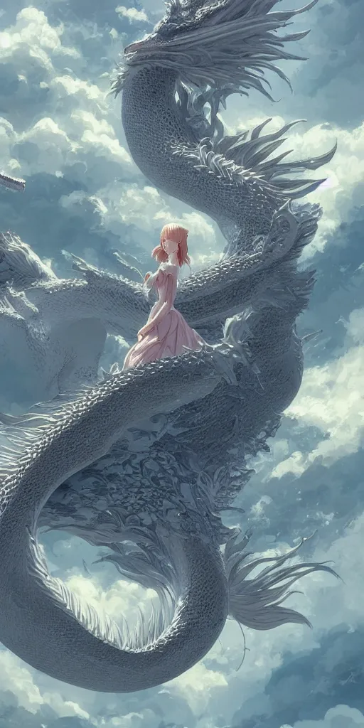 Prompt: the beautiful hyper detailed scene render that a beautiful girl lies in the arms of a huge silver white dragon alone in the fairyland surrounded by white clouds, finely symmetric detailed angelic face delicate features, style of makoto shinkai, victo ngai and peter mohrbacher studio ghibli, beeple, animation style, hd, ultra wide angle