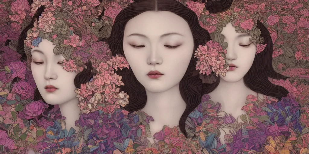 Image similar to breathtaking detailed concept art painting art deco pattern of gaea faces goddesses amalgamation flowers, by hsiao - ron cheng, bizarre compositions, exquisite detail, extremely moody lighting, 8 k