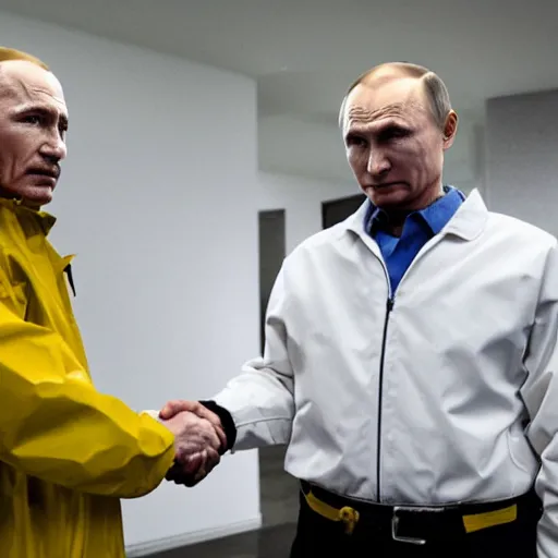 Prompt: Walter White and Vladimir Putin shaking hands, 8k, dslr, cinematic,