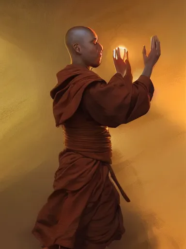 Prompt: a monk, tied upside down, enlighted by god. intricate, elegant, highly detailed, digital painting, artstation, concept art, sharp focus, illustration, by justin gerard and artgerm, 8 k
