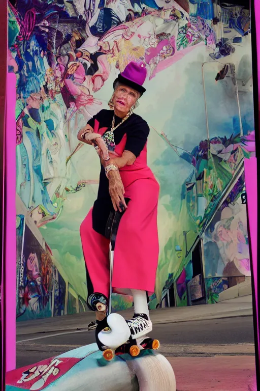 Image similar to a portrait of a fashionable gran on a skateboard in los angeles, in the style of david lachapelle