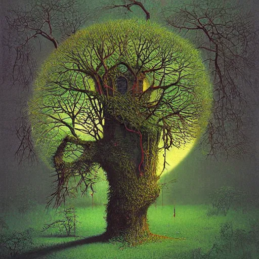 Prompt: treehouse with many branches with with vibrant leaves small round icon digital art by zdzislaw beksinski