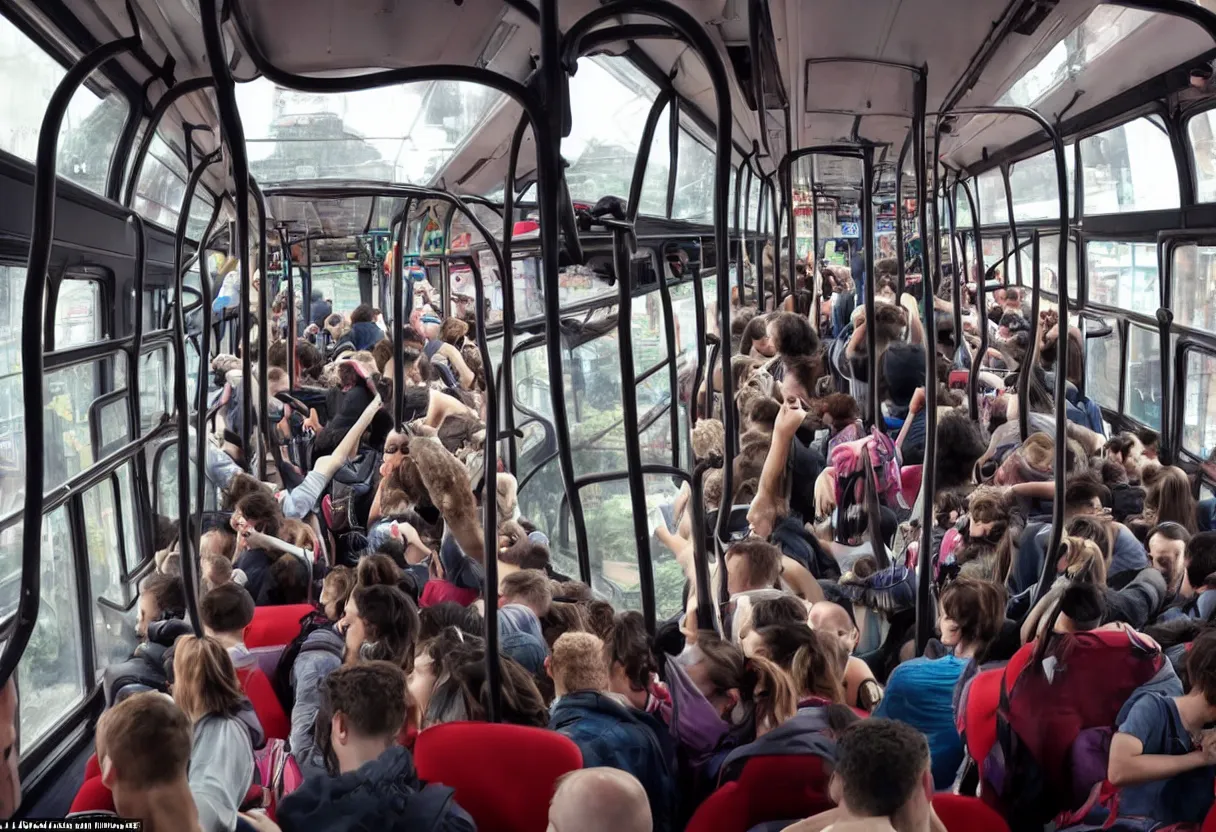 Image similar to a wide photo of a interior of a crowded bus with a huge octopus trying to get in, octopus beak can be seen, arms creeping in thrugh the windows, people are scared and screaming while trying to free through the windows and doors,