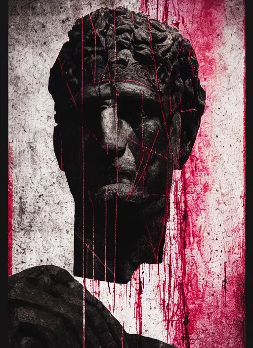 Image similar to dark design poster showing a statue of julius caesar, with subtle skeletal elements, black background with very subtle red and purple design elements, powerful, nekro, vito acconci, thin straight lines, dark, glitch art, neo vaporwave, gritty, layout frame, square, trending on artstation